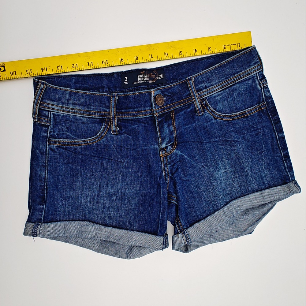 Hollister Midi Shorts Women Size 3 W26 Cuffed Denim Blue Mid Rise - Picture 7 of 7